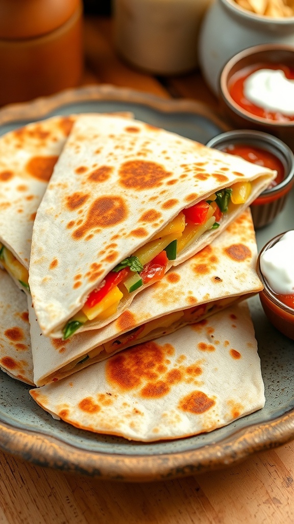Crispy whole wheat quesadilla filled with cheese and vegetables, served with salsa and sour cream.